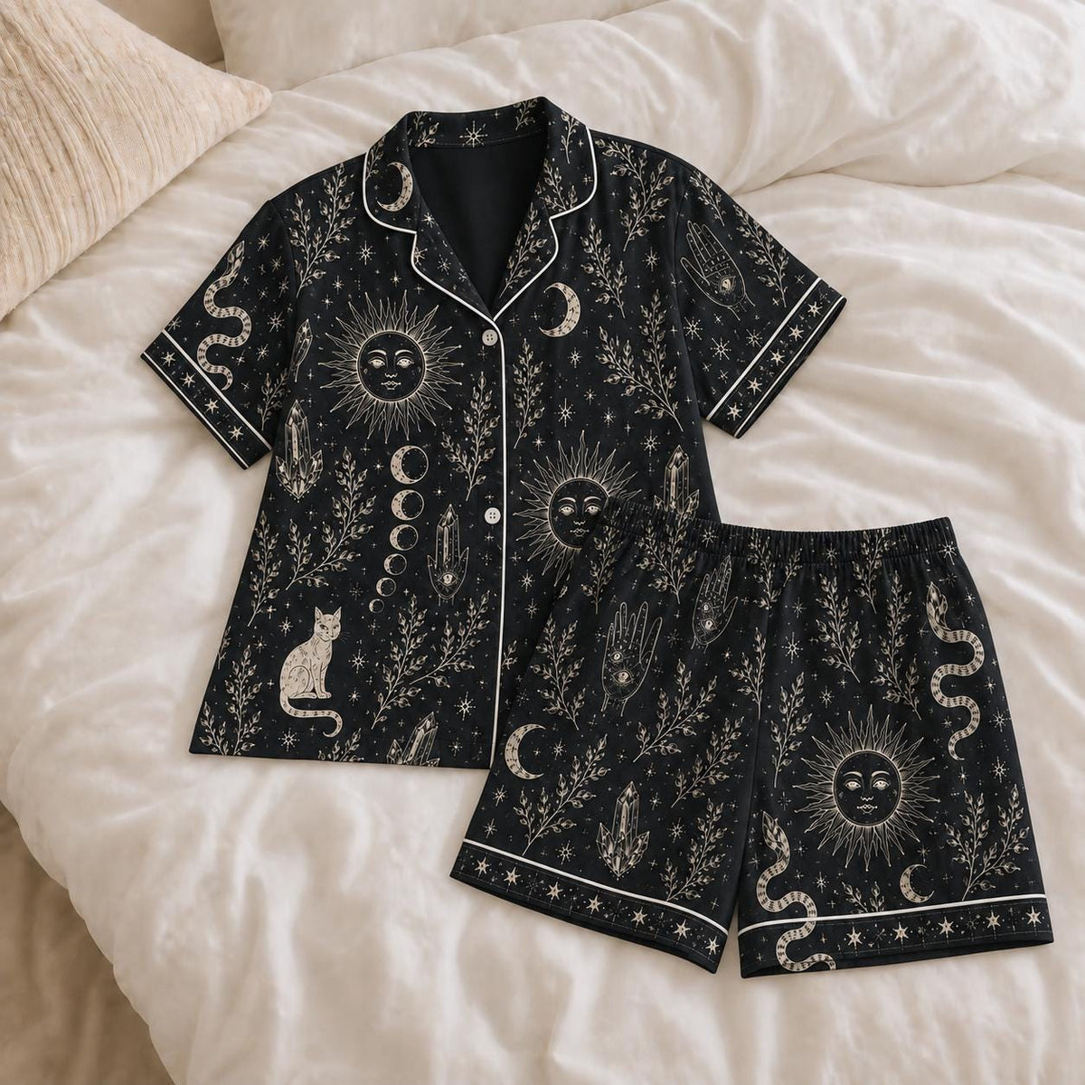Witchy Pajama Set for Women, Celestial Occult Print Satin PJs, Black Cat Moon Sleepwear, Mystic Gothic Lounge Set Gift