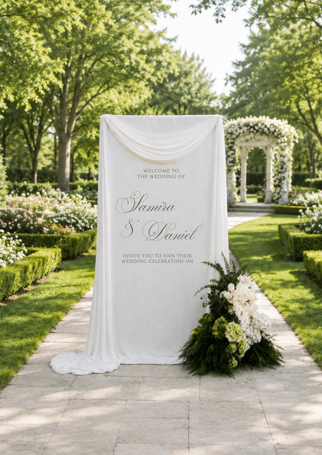 Custom Linen Wedding Welcome Sign, Sage Green Satin Ribbons, Handmade Fabric Banner