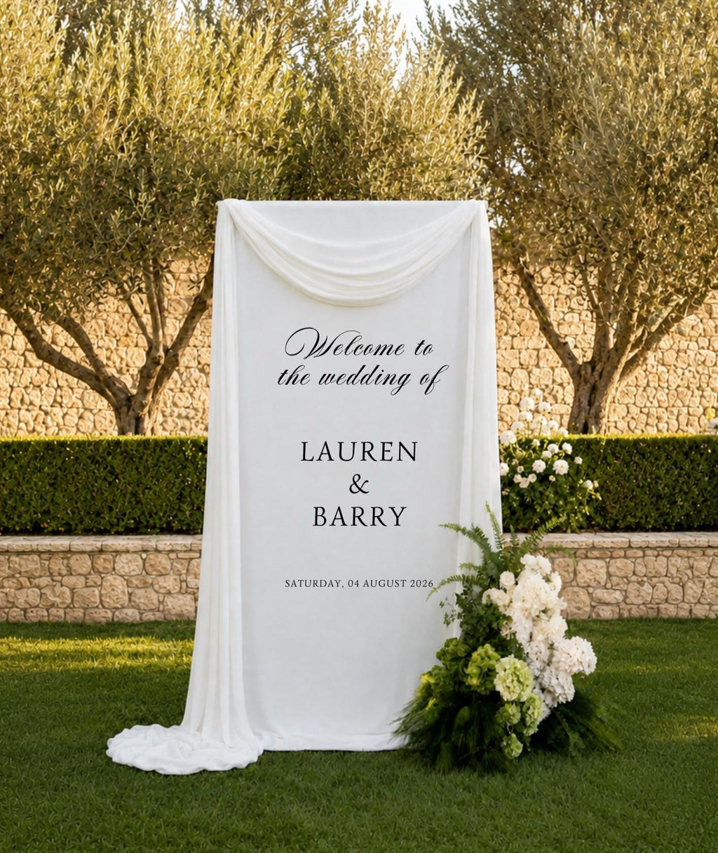 Custom Linen Wedding Welcome Sign, Sage Green Satin Ribbons, Handmade Fabric Banner