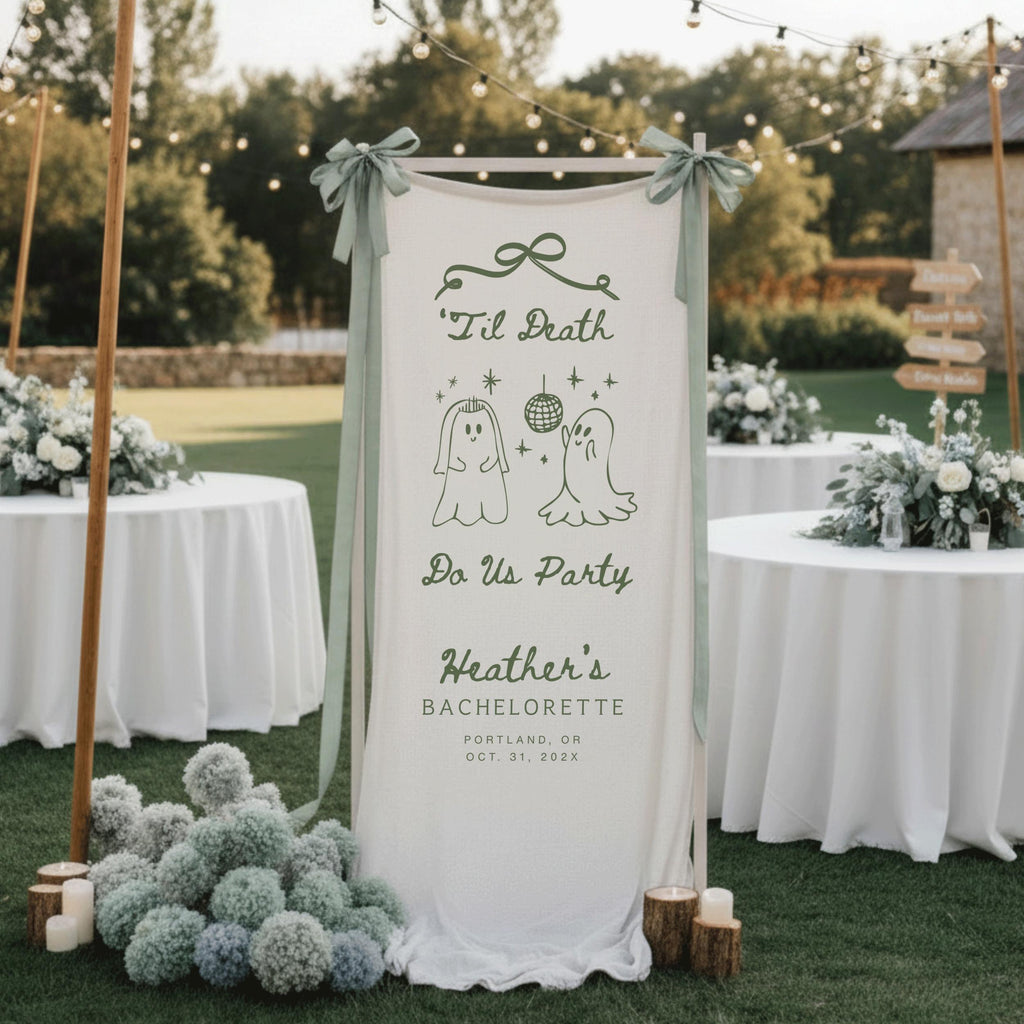Til Death Do Us Party Linen Bridal Shower Banner, Halloween Bachelorette Party Vertical Welcome Sign, Gothic Fall Fabric Engagement Decor