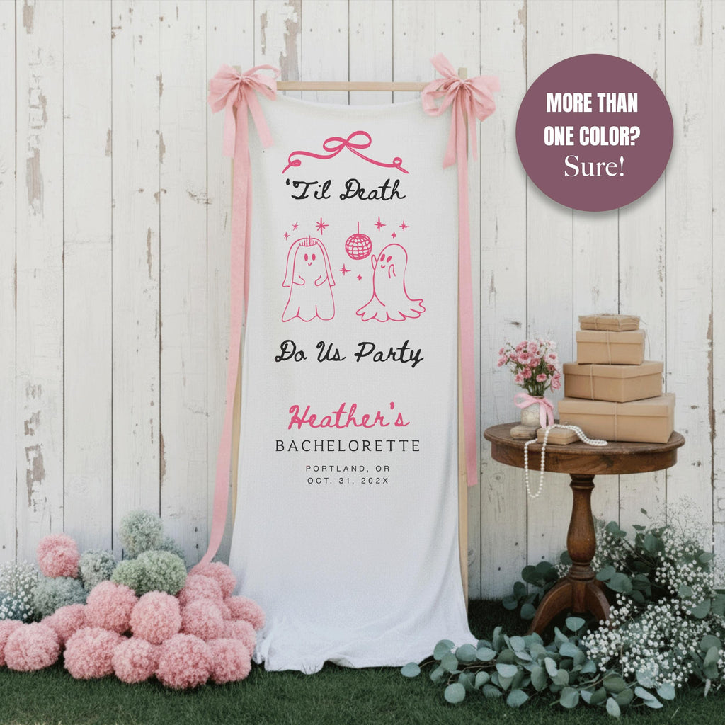 Til Death Do Us Party Linen Bridal Shower Banner, Halloween Bachelorette Party Vertical Welcome Sign, Gothic Fall Fabric Engagement Decor