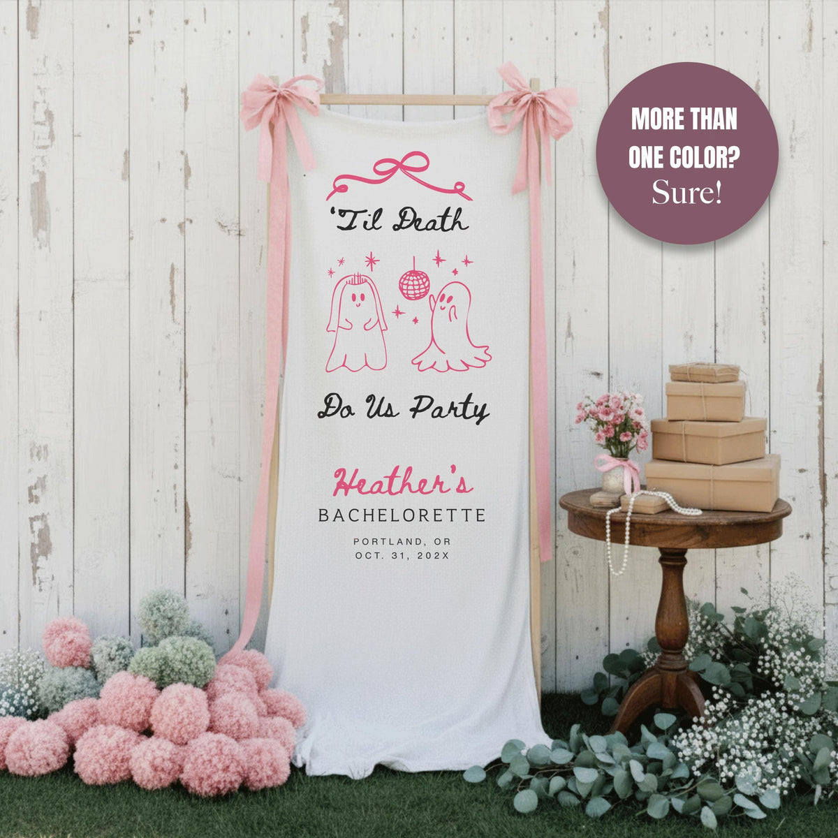 Til Death Do Us Party Linen Bridal Shower Banner, Halloween Bachelorette Party Vertical Welcome Sign, Gothic Fall Fabric Engagement Decor