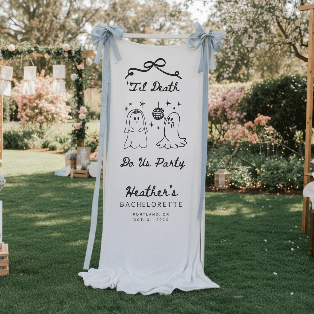 Til Death Do Us Party Linen Bridal Shower Banner, Halloween Bachelorette Party Vertical Welcome Sign, Gothic Fall Fabric Engagement Decor