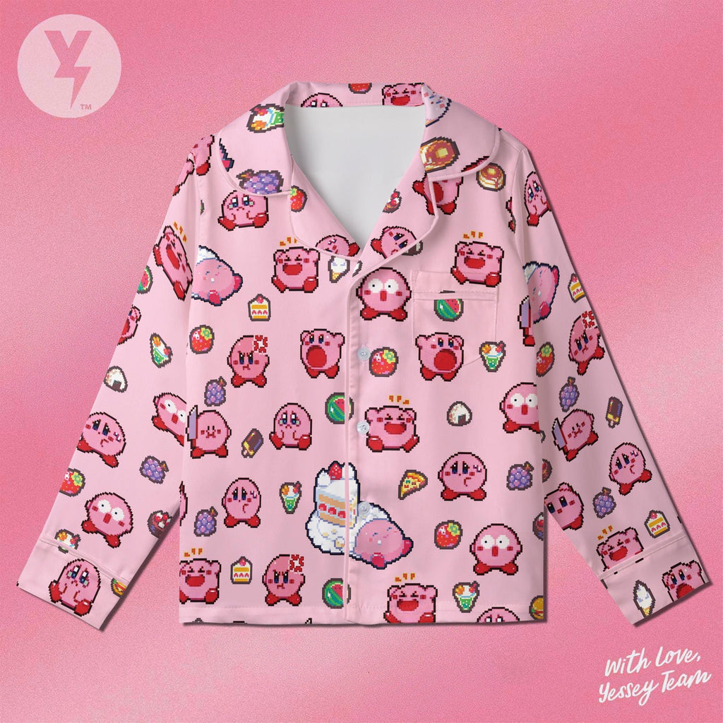 Kirby Pixel Art Pajamas Satin, Nintendo Character Sleepwear, Family Matching Pajamas, Kids Birthday Gift, Cute Gamer Present