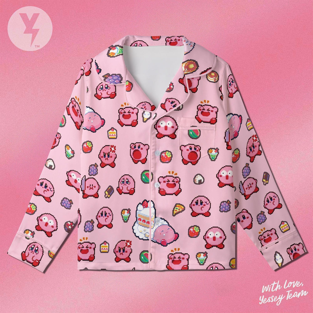 Kirby Pixel Art Pajamas Satin, Nintendo Character Sleepwear, Family Matching Pajamas, Kids Birthday Gift, Cute Gamer Present