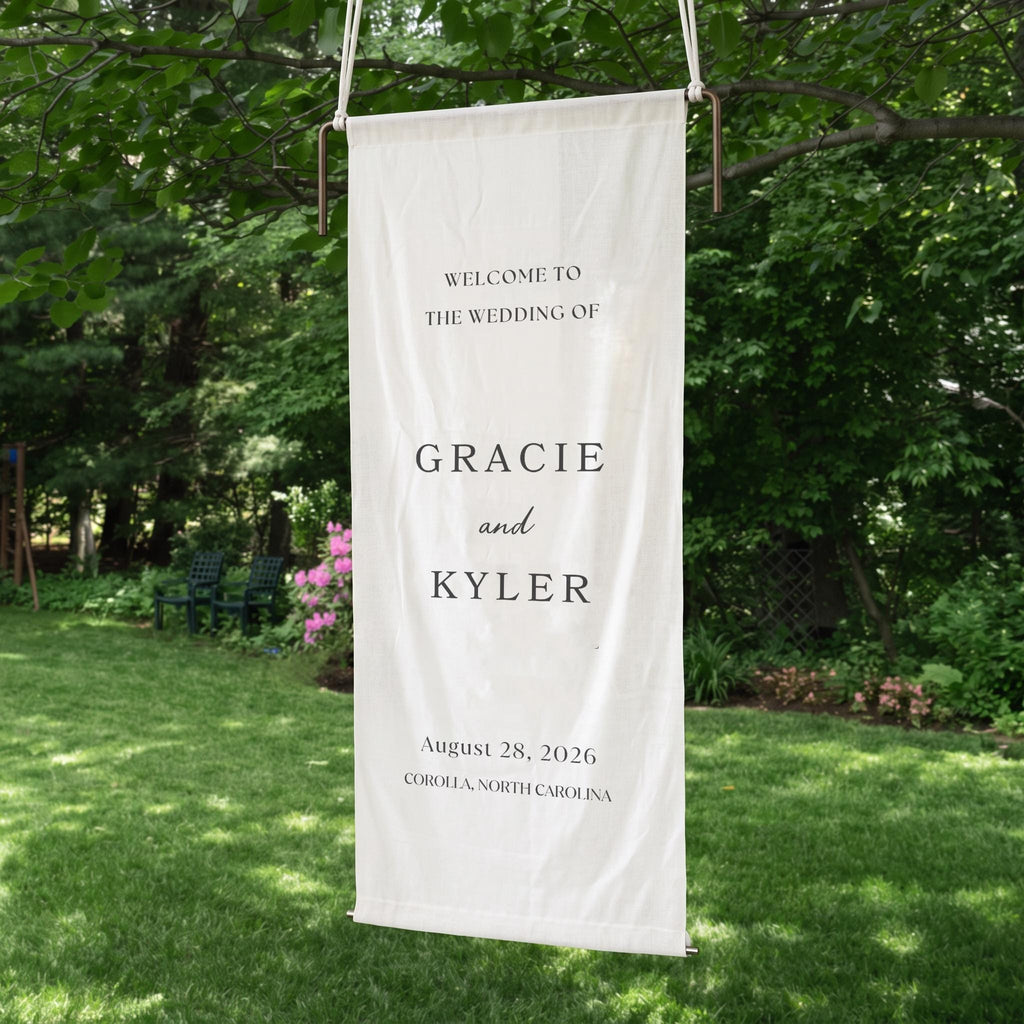 Personalized Linen Wedding Welcome Sign, Custom Fabric Wedding Banner, Modern Wedding Welcome Sign, Boho Ceremony Decor,Outdoor Wedding Sign