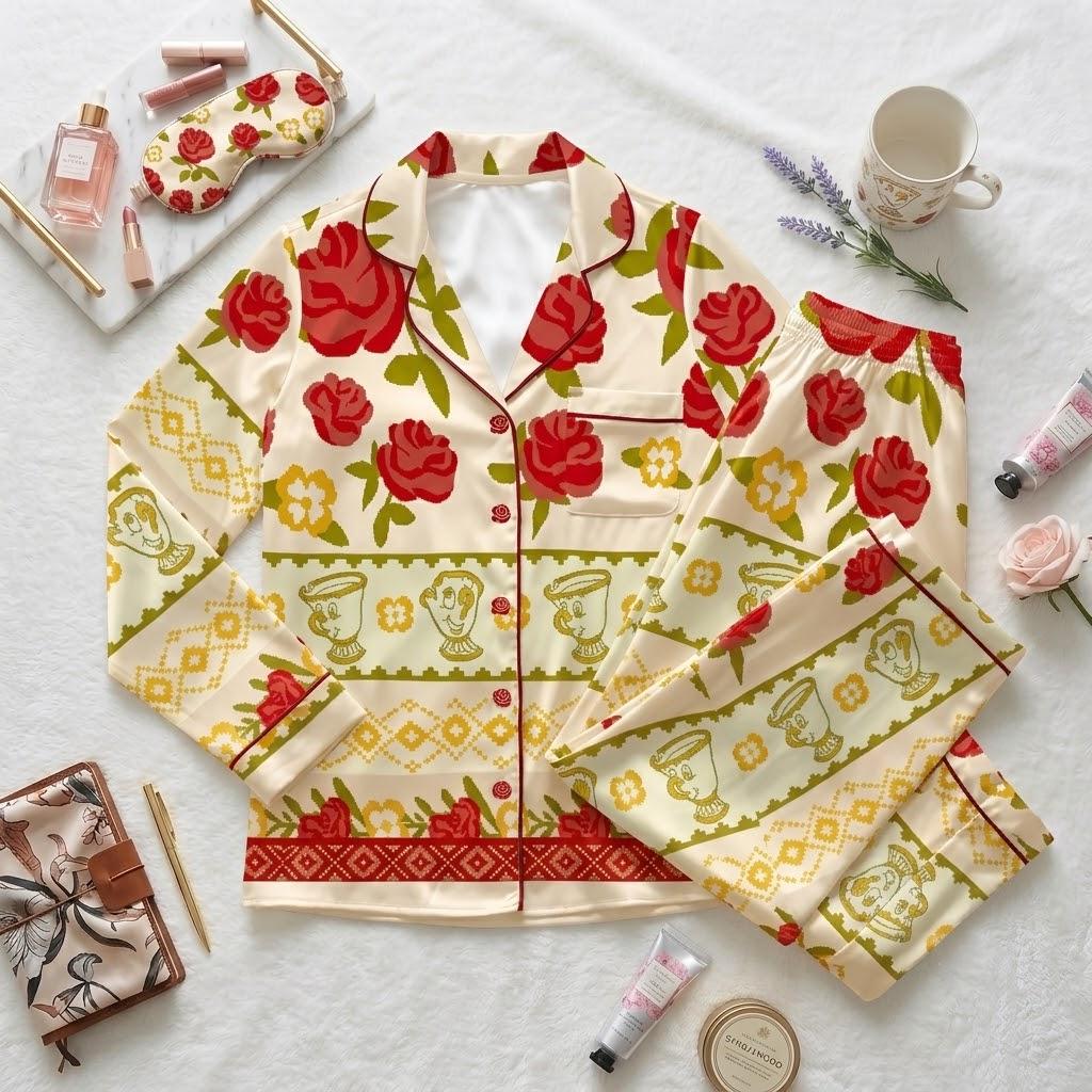 Beauty and the Beast Disney Pajamas, Enchanted Rose And Chip Character Sleepwear, Belle Inspired Nightwear, Fairytale Bedtime Outfit