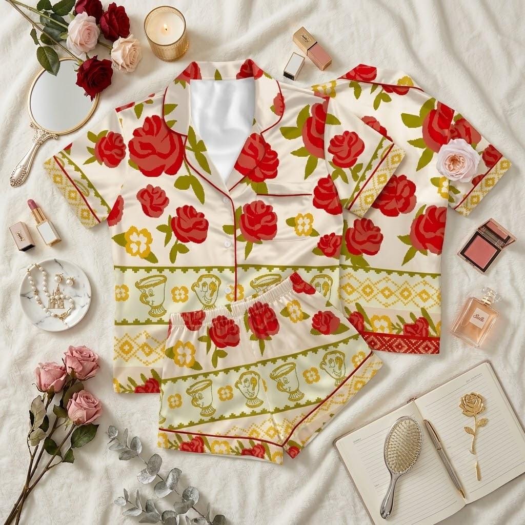 Beauty and the Beast Disney Pajamas, Enchanted Rose And Chip Character Sleepwear, Belle Inspired Nightwear, Fairytale Bedtime Outfit