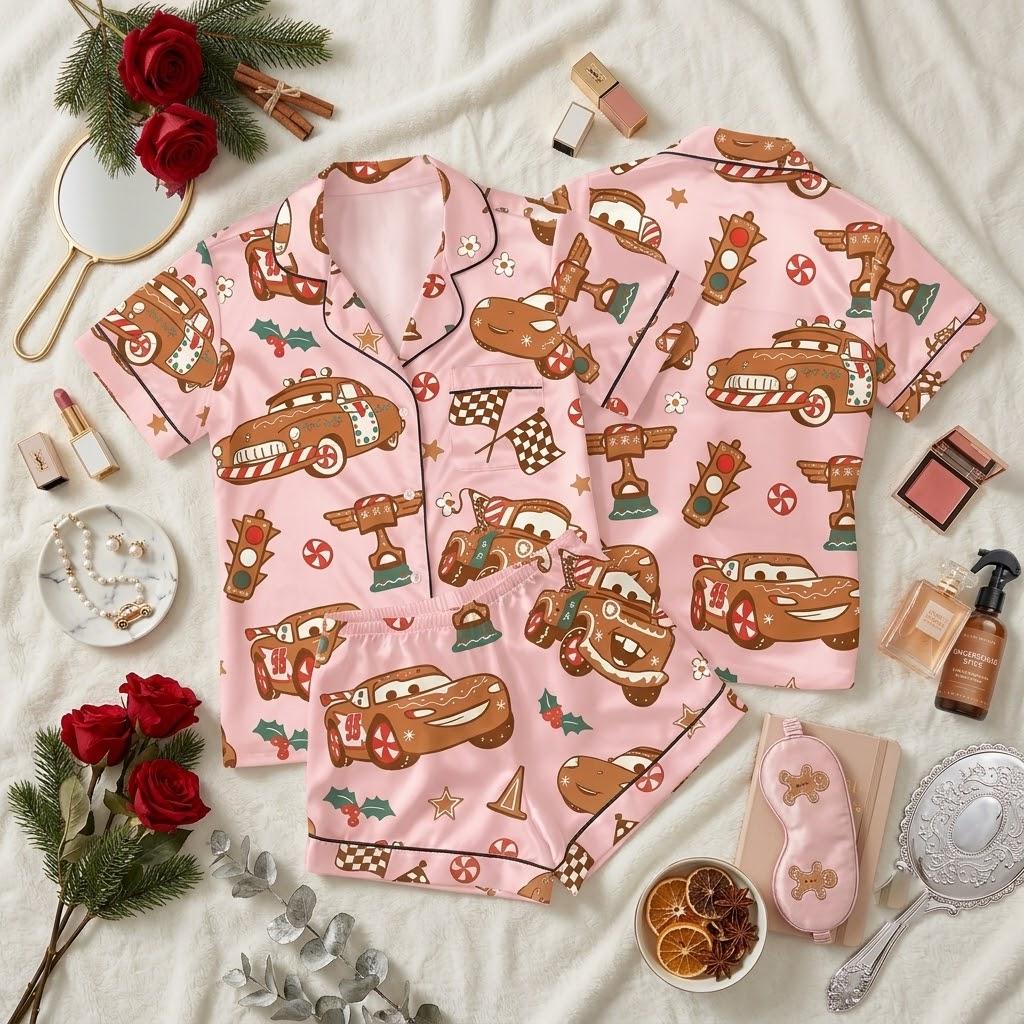 Disney Pixar Cars Race Into Christmas, Lightning McQueen Gingerbread Pajamas, Holiday Character Nightwear, Festive Winter Sleep Outfit