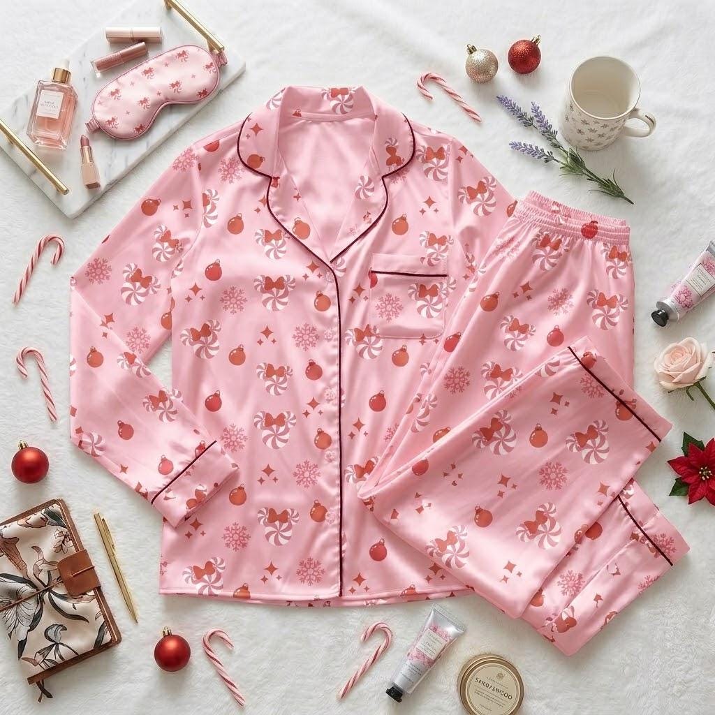 Minnie Mouse Candy Christmas Pajamas, Disney Holiday Nightwear, Sweet Treat Inspired Sleep Outfit, Festive Bedtime Style