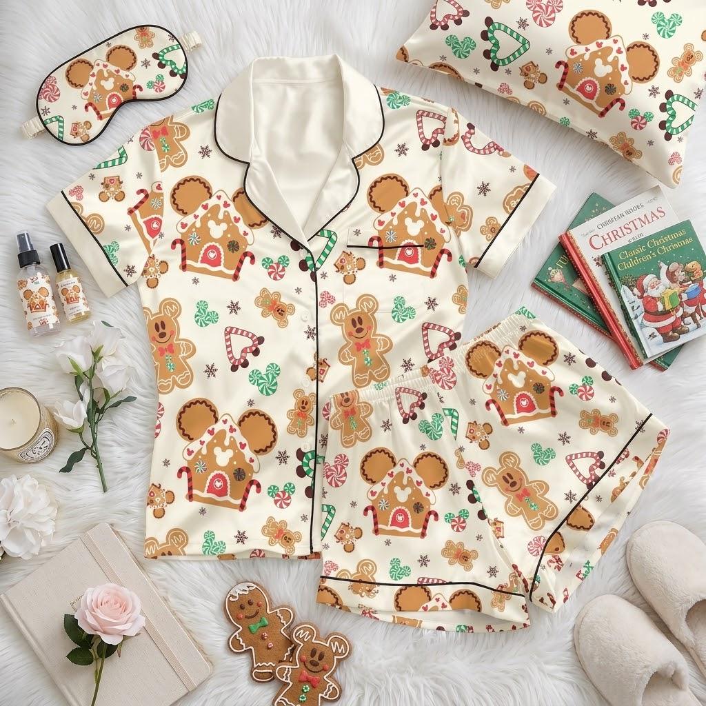 Gingerbread Dreams And Disney Magic, Christmas Pajamas For Holiday Nights, Sweet Character Nightwear, Cozy Winter Bedtime Outfit