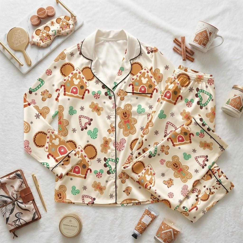 Gingerbread Dreams And Disney Magic, Christmas Pajamas For Holiday Nights, Sweet Character Nightwear, Cozy Winter Bedtime Outfit