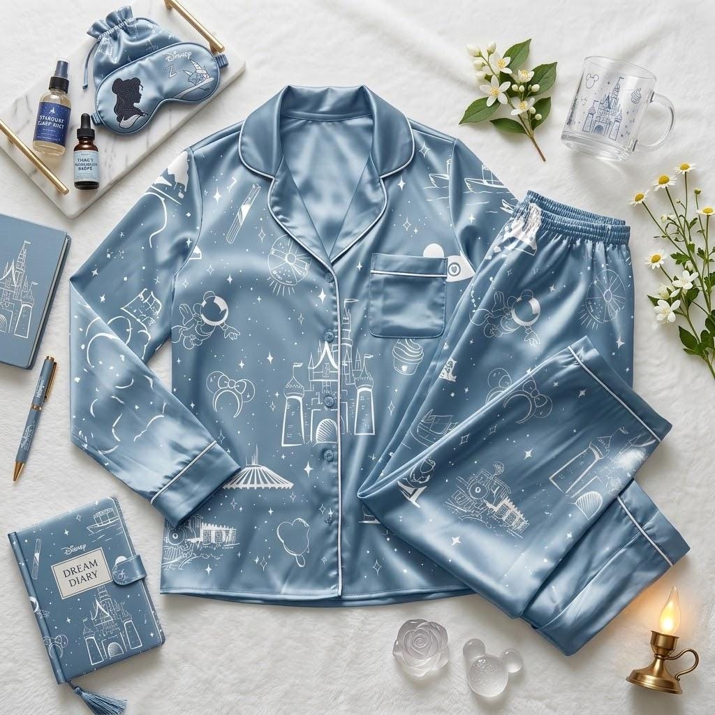Disneyland Icons For Magical Vacation Dreams, Castle And Park Inspired Pajamas, Theme Park Nightwear, Whimsical Bedtime Outfit