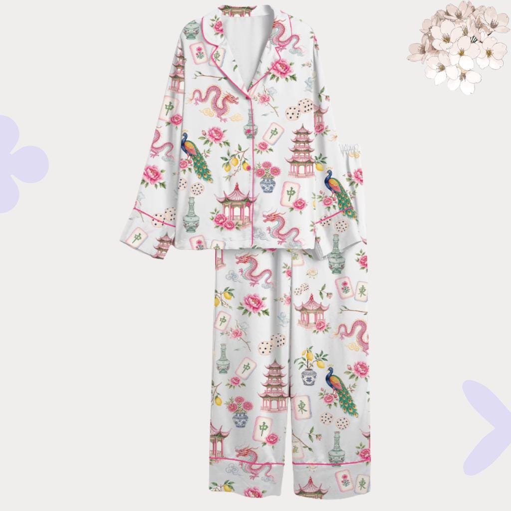 Mahjong Pajama Set, ChinoiserieSleepwear, Dragon Peacock Pagoda Loungewear Gift for Game Night, Chinoiserie Pajamas