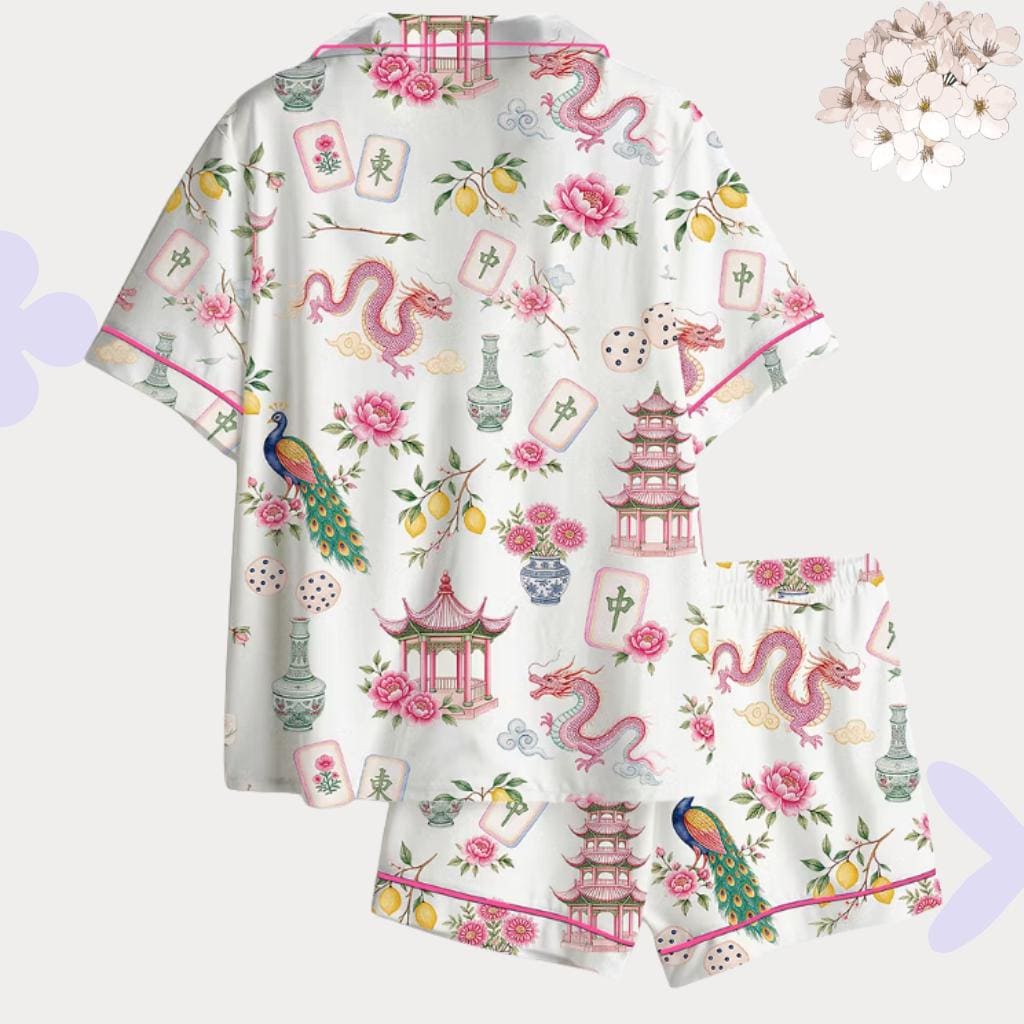 Mahjong Pajama Set, ChinoiserieSleepwear, Dragon Peacock Pagoda Loungewear Gift for Game Night, Chinoiserie Pajamas