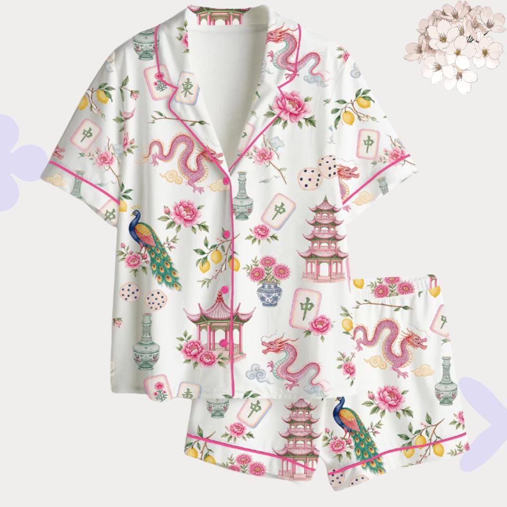Mahjong Pajama Set, ChinoiserieSleepwear, Dragon Peacock Pagoda Loungewear Gift for Game Night, Chinoiserie Pajamas
