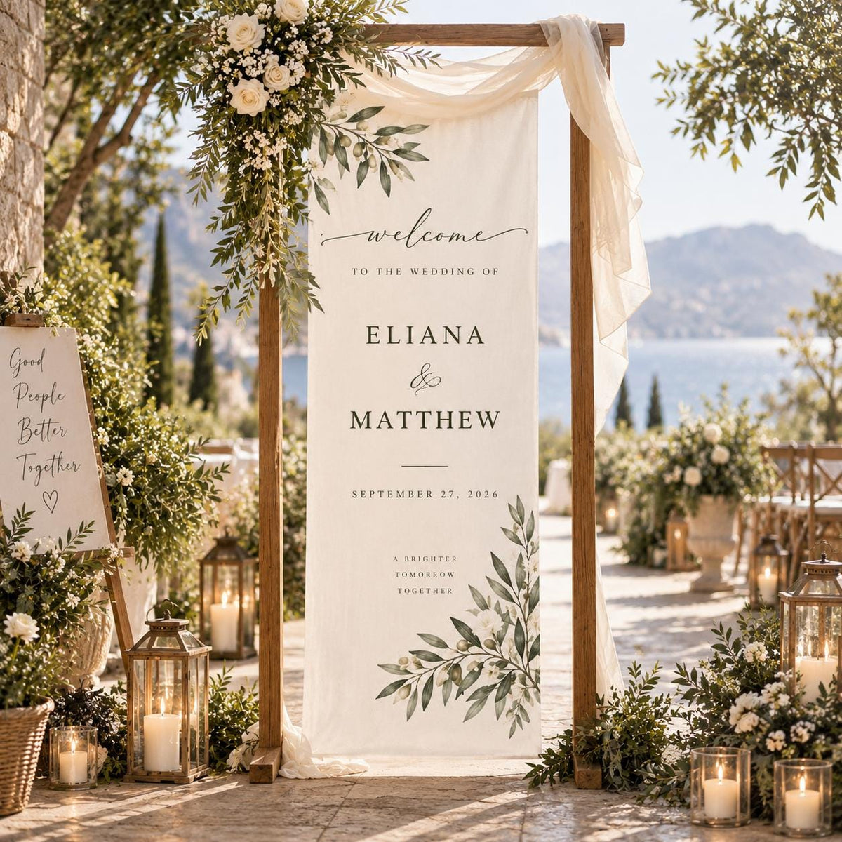Olive Branch Wedding Welcome Banner, Personalized Fabric Sign, White Floral Greenery Decor, Custom Names and Date, Outdoor Ceremony Backdrop