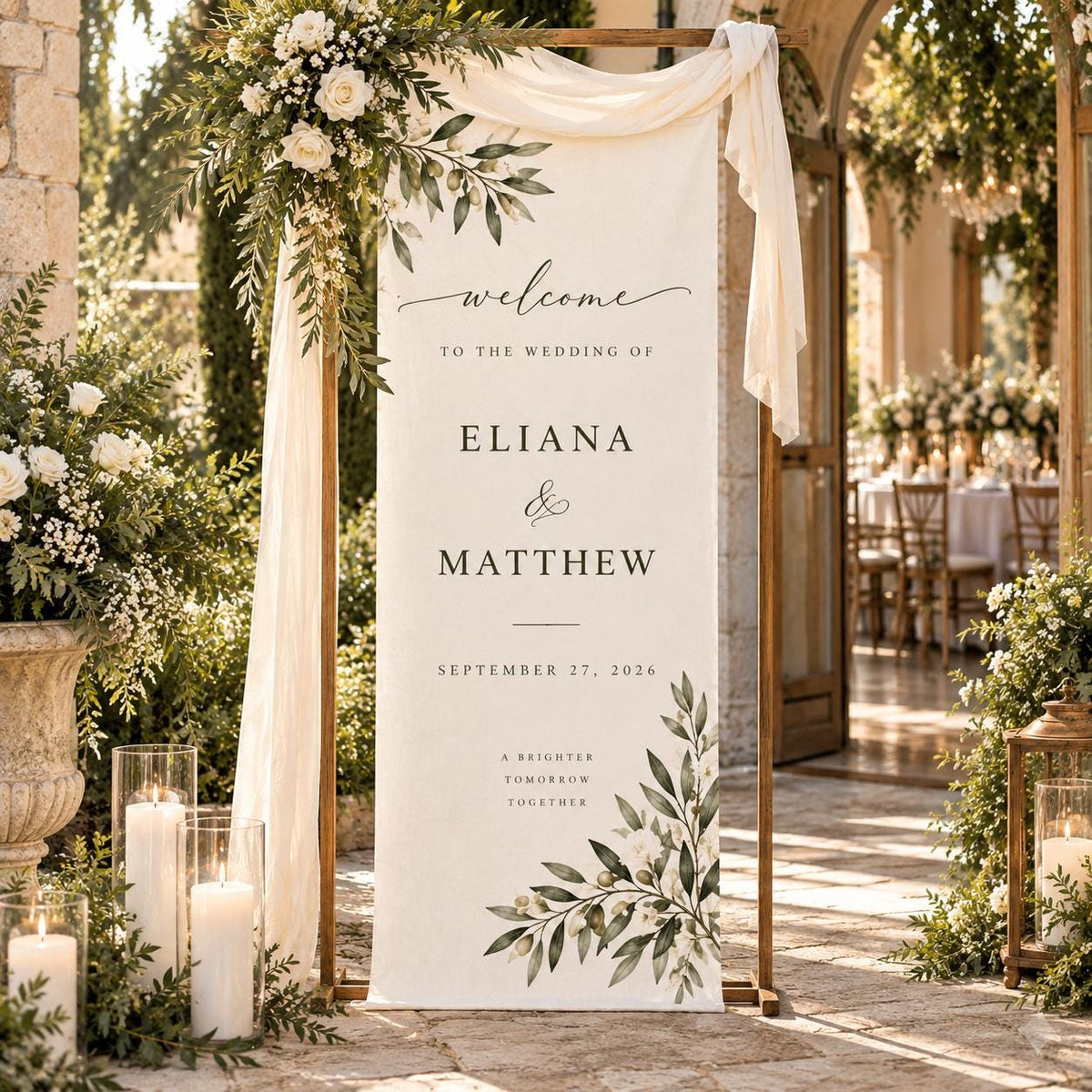 Olive Branch Wedding Welcome Banner, Personalized Fabric Sign, White Floral Greenery Decor, Custom Names and Date, Outdoor Ceremony Backdrop