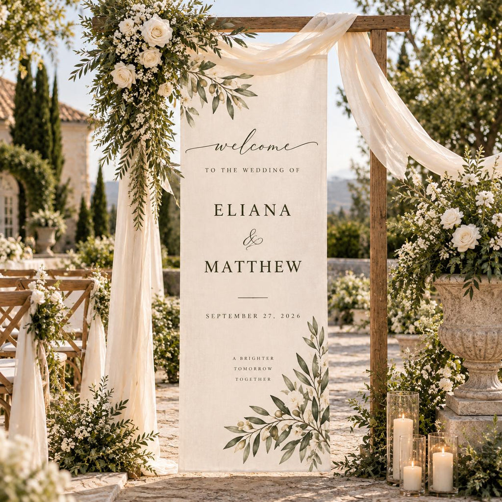 Olive Branch Wedding Welcome Banner, Personalized Fabric Sign, White Floral Greenery Decor, Custom Names and Date, Outdoor Ceremony Backdrop