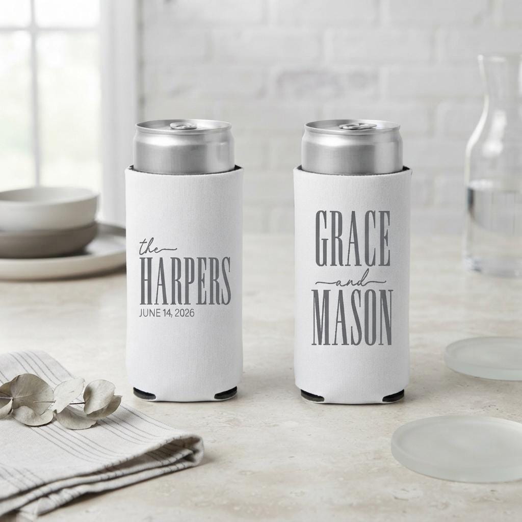 Personalized Slim Can Coolers Wedding Favors, Custom Seltzer Drink Holders for Wedding Guests and Reception Tables