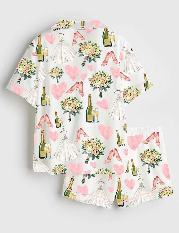 Champagne Satin Pajama Set, Short Sleeve Bridal PJ, Luxury Women Sleepwear, Bride Getting Ready PJs, Silk-Like Bridal Party Gift