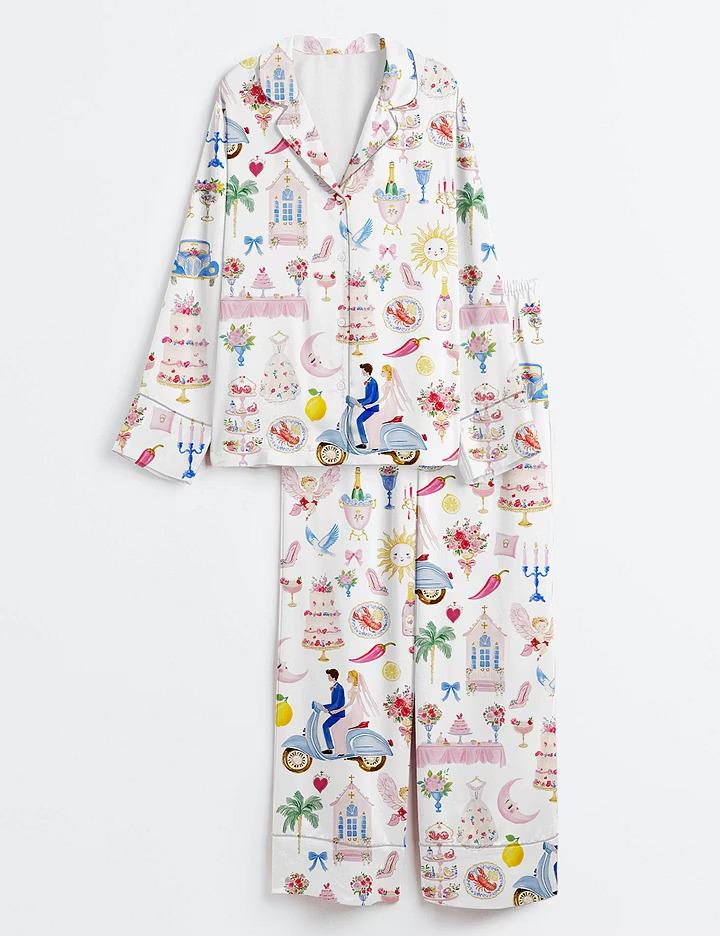 Pastel Wedding Cake Satin Pajamas, Whimsical Bride Groom Sleepwear, Food Print Short Sleeve PJ Set, Cute Bridal Lounge Set