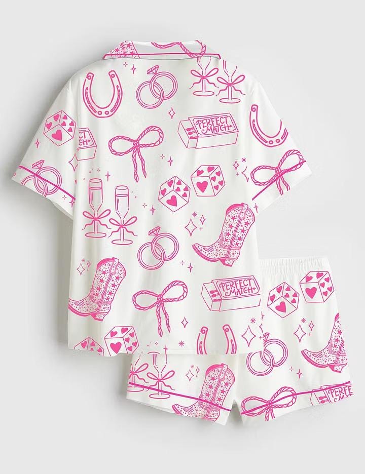 Floral Bow Cowgirl Bridal Satin Pajama Set, Coquette Western Wedding Short Sleeve Sleepwear, Cute Bride Lounge PJs