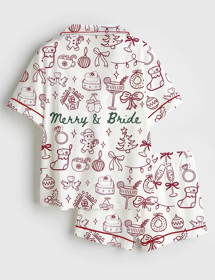 Merry And Bride Christmas Satin Pajamas, Holiday Bachelorette Short Sleeve Sleepwear, Festive Bridal Party Lounge Set