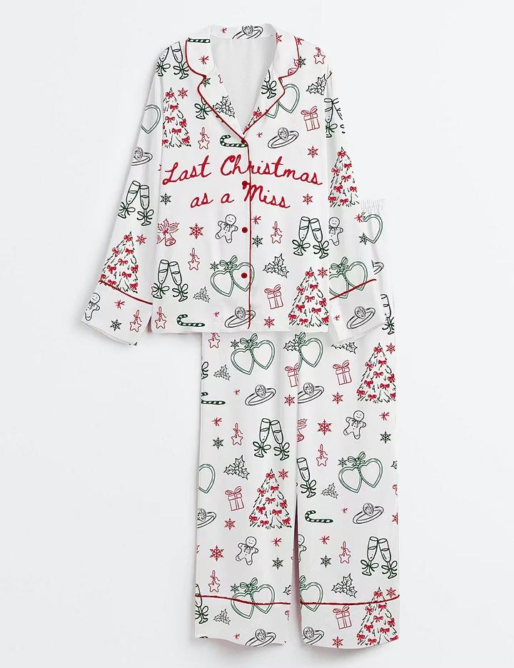 Last Christmas As A Miss Satin Pajamas, Bride Holiday Short Sleeve Sleepwear, Festive Winter Bridal Party Lounge Set