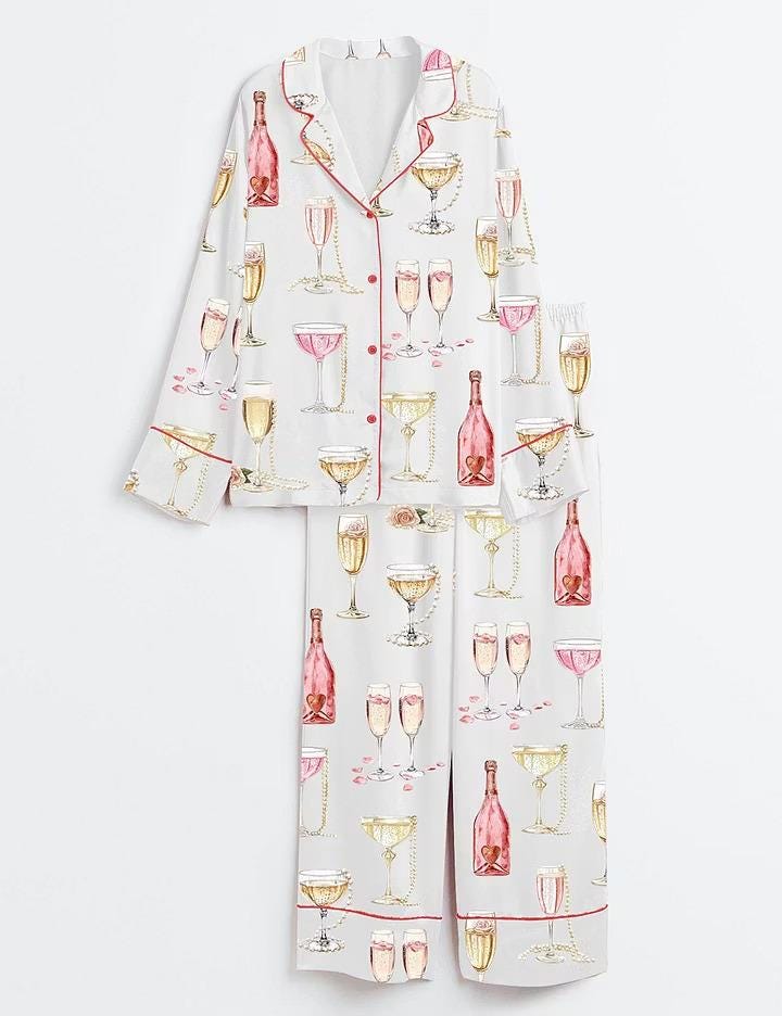 Pearls And Prosecco Satin Pajamas, Champagne Bridal Shower Short Sleeve Sleepwear, Elegant Bride Party Lounge Set