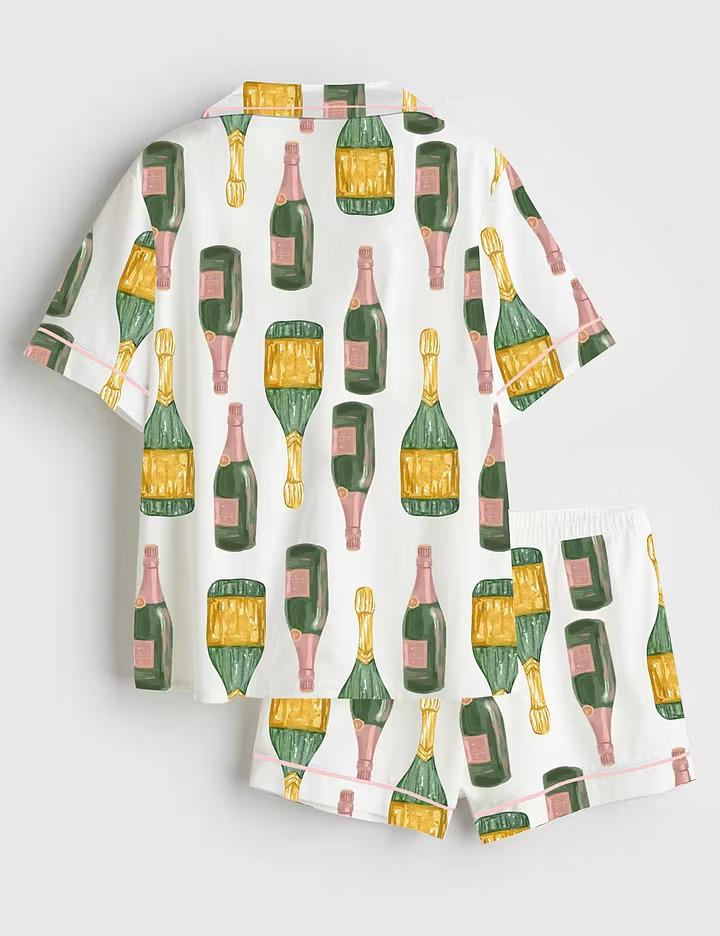 Champagne Celebrations Satin Pajamas, Birthday Bridal Shower Short Sleeve Sleepwear, Chic Wine Lover Lounge Set