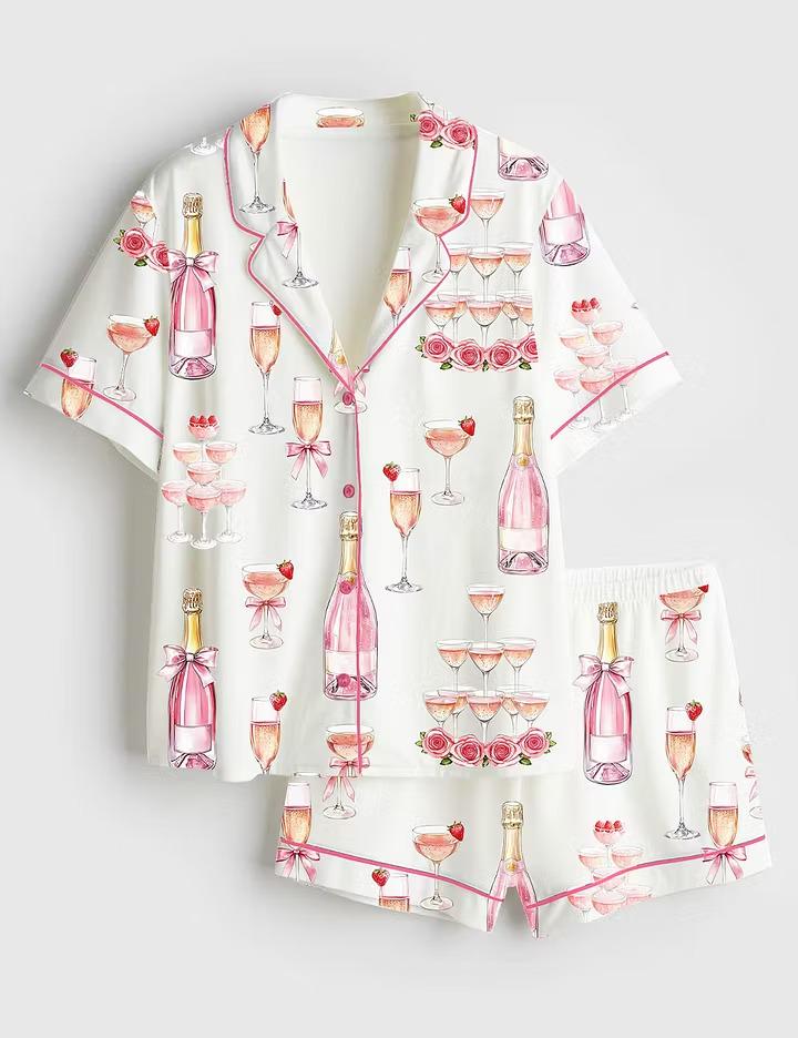 Pink Champagne Tower Satin Pajamas, Bridal Shower Short Sleeve Sleepwear, Celebration Bride Party Lounge Set