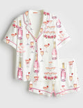 Pink Champagne Tower Satin Pajamas, Bridal Shower Short Sleeve Sleepwear, Celebration Bride Party Lounge Set