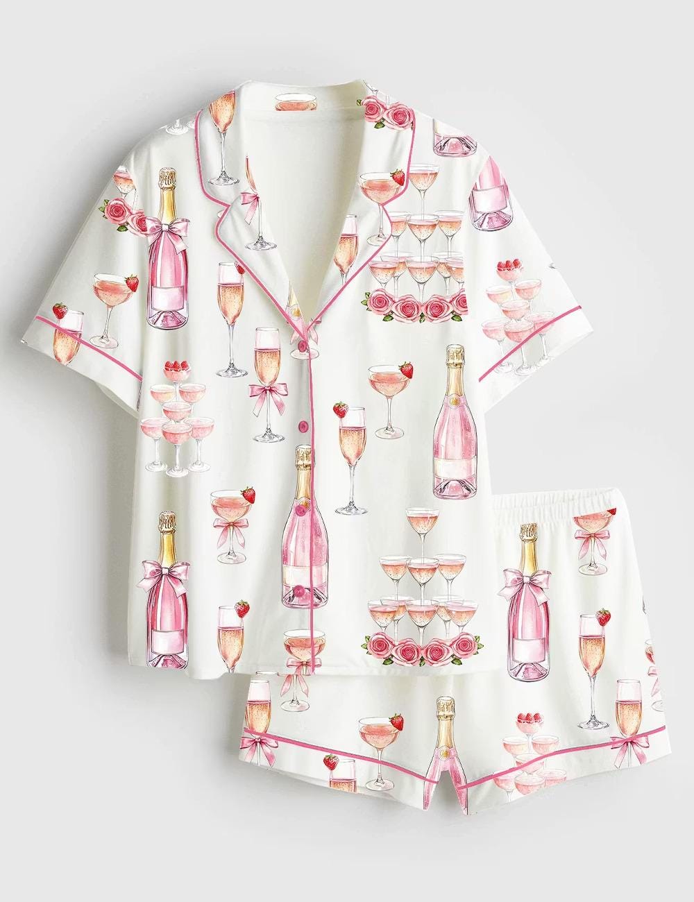 Pink Champagne Tower Satin Pajamas, Bridal Shower Short Sleeve Sleepwear, Celebration Bride Party Lounge Set