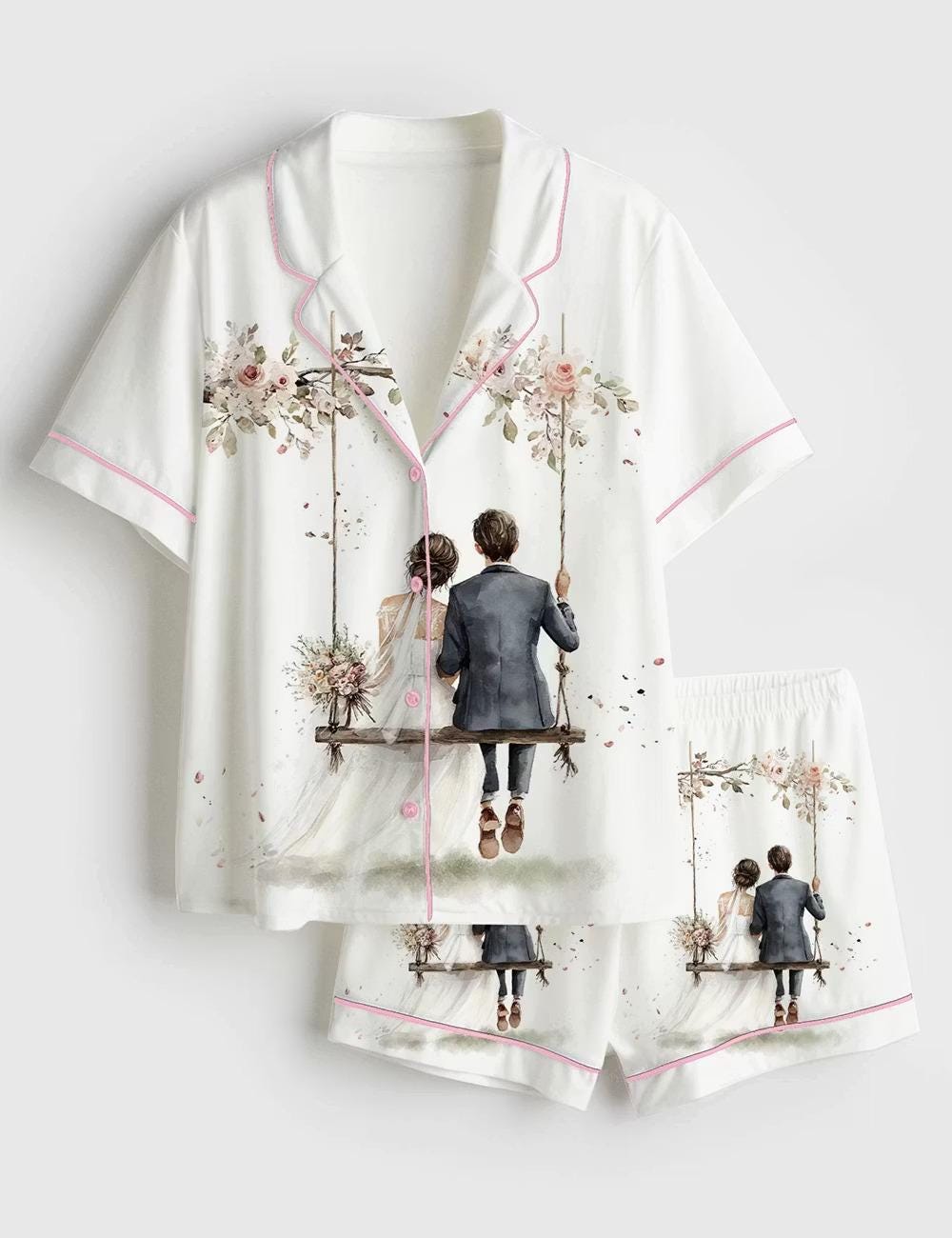 Bride And Groom Swing Satin Pajamas, Floral Art Print Short Sleeve Sleepwear, Romantic Wedding Silk-Feel Lounge Set
