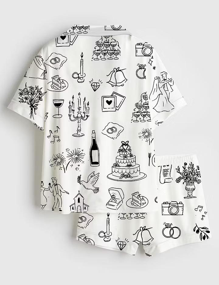 Custom Wedding Timeline Satin Pajama Set, Hand Drawn Icons Sleepwear, Champagne Bride Pjs, Bridal Shower Gift, Getting Ready Outfit