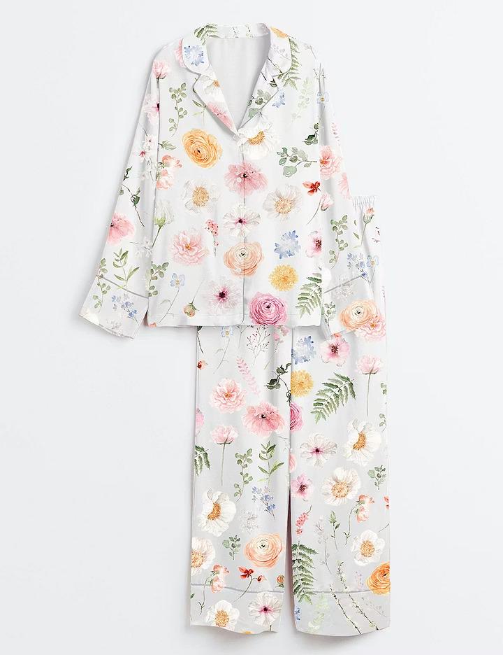 Watercolor Floral Satin Pajama Set, Spring Wedding Flower Sleepwear, Short Sleeve Bride Pjs, Bridal Shower Gift, Getting Ready Outfit