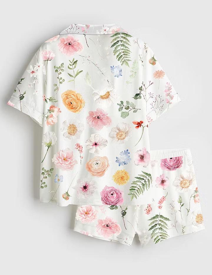 Watercolor Floral Satin Pajama Set, Spring Wedding Flower Sleepwear, Short Sleeve Bride Pjs, Bridal Shower Gift, Getting Ready Outfit