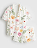 Watercolor Floral Satin Pajama Set, Spring Wedding Flower Sleepwear, Short Sleeve Bride Pjs, Bridal Shower Gift, Getting Ready Outfit