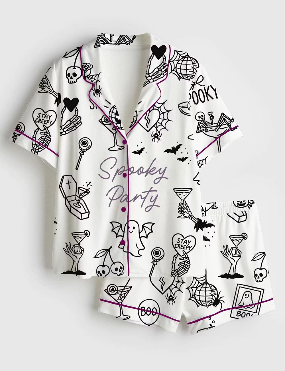 Spooky Witchy Bachelorette Pajamas, Halloween Doodle Short Sleeve Satin Pjs, Cute Bridal Party Sleepwear, Silky Bride Loungewear Gifts