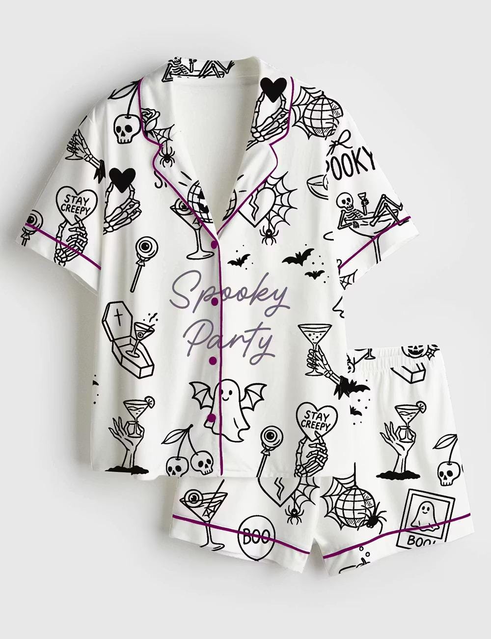 Spooky Witchy Bachelorette Pajamas, Halloween Doodle Short Sleeve Satin Pjs, Cute Bridal Party Sleepwear, Silky Bride Loungewear Gifts