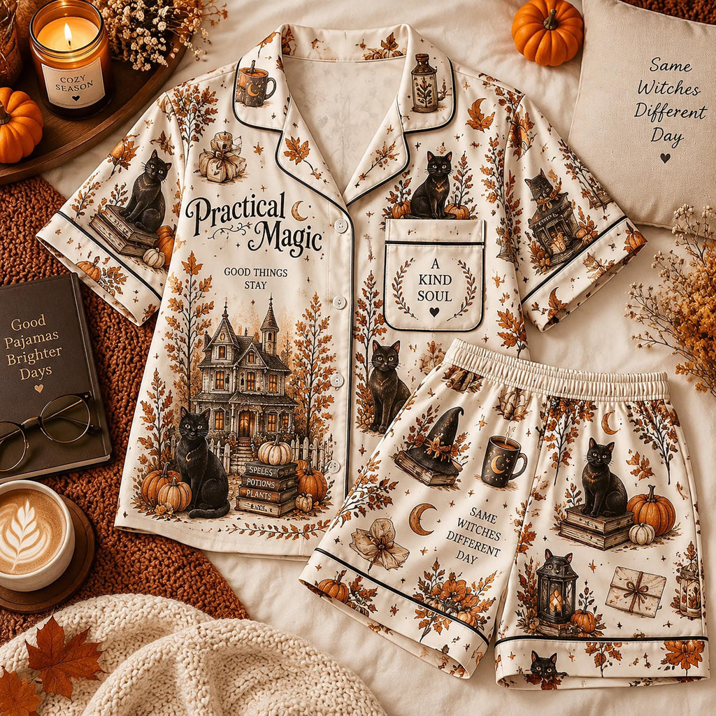 Practical Magic Pajamas Set, Cozy Spooky Season Whimsigoth Sleepwear, Beautiful Spooky Season Gift For Her Set