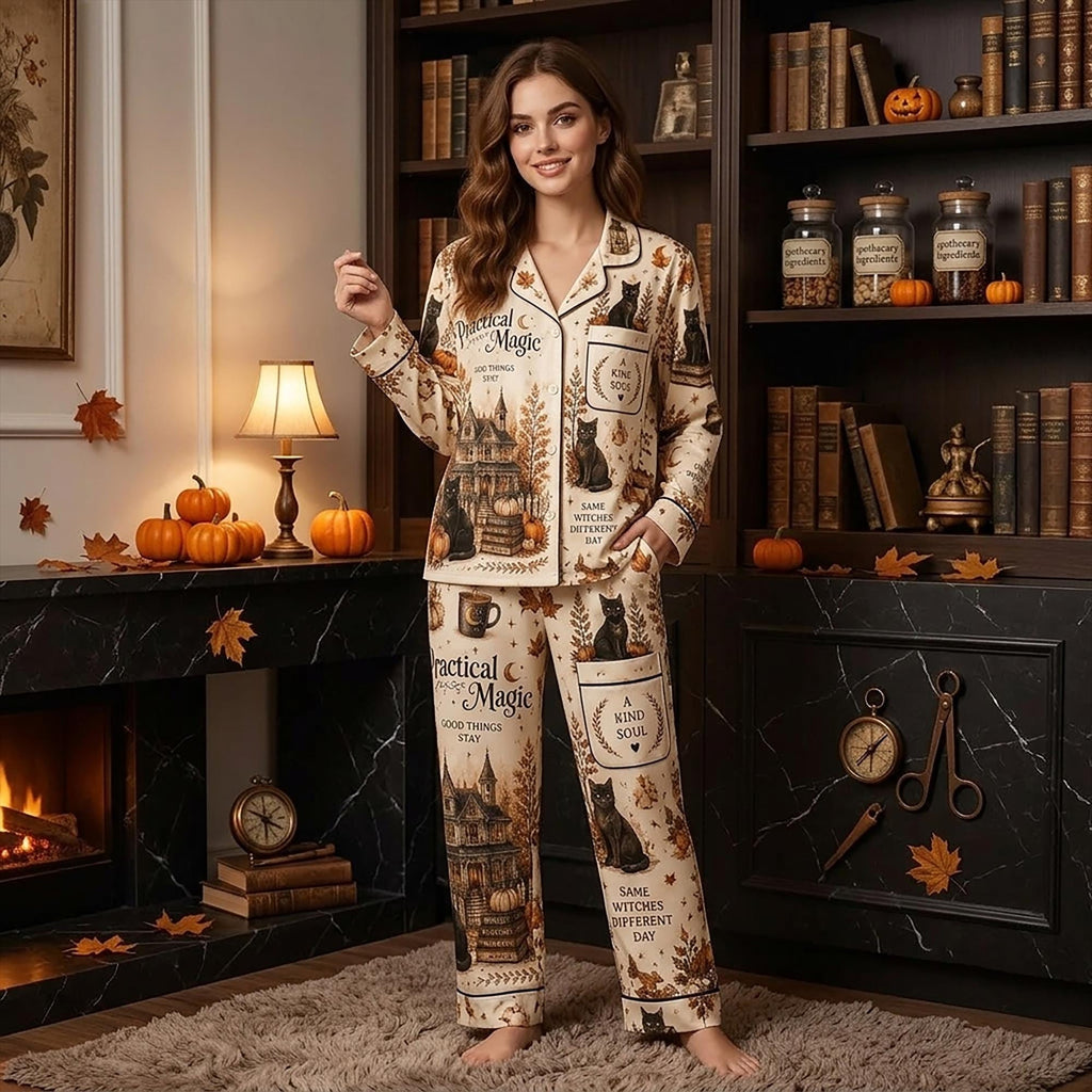 Practical Magic Pajamas Set, Cozy Spooky Season Whimsigoth Sleepwear, Beautiful Spooky Season Gift For Her Set