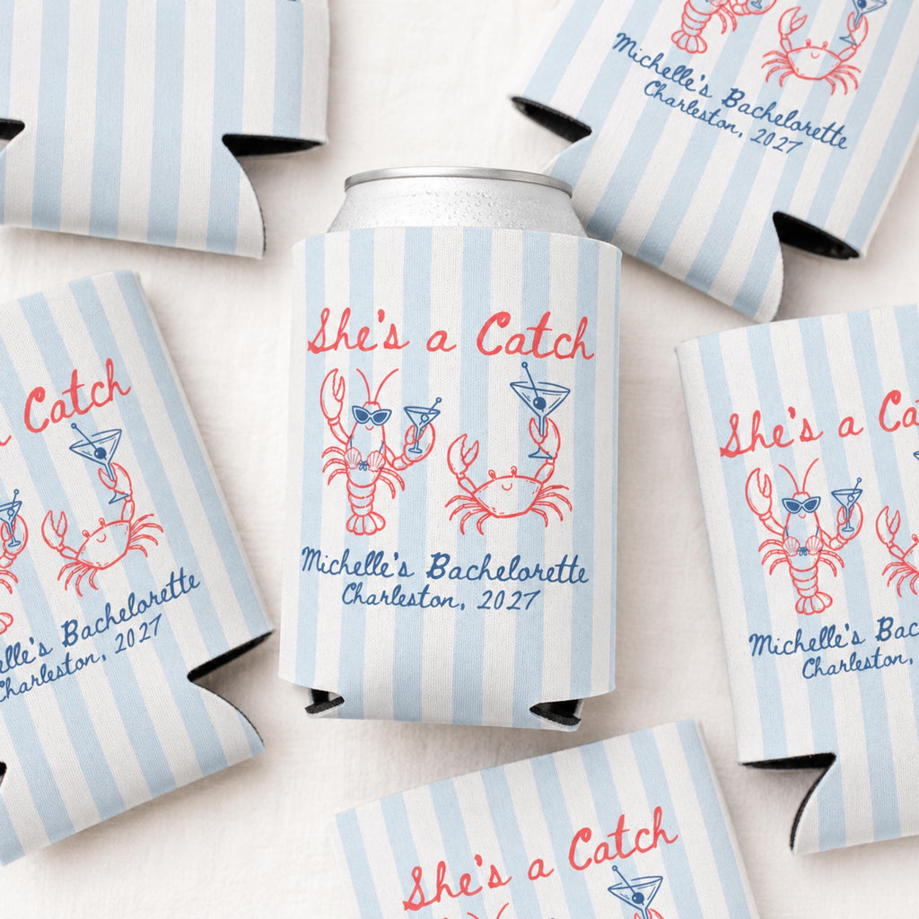 She's a Catch Coastal Bach Party Favor,Custom Bachelorette Can Cooler,Personalized Lobster Beach Bachelorette Drink Sleeve