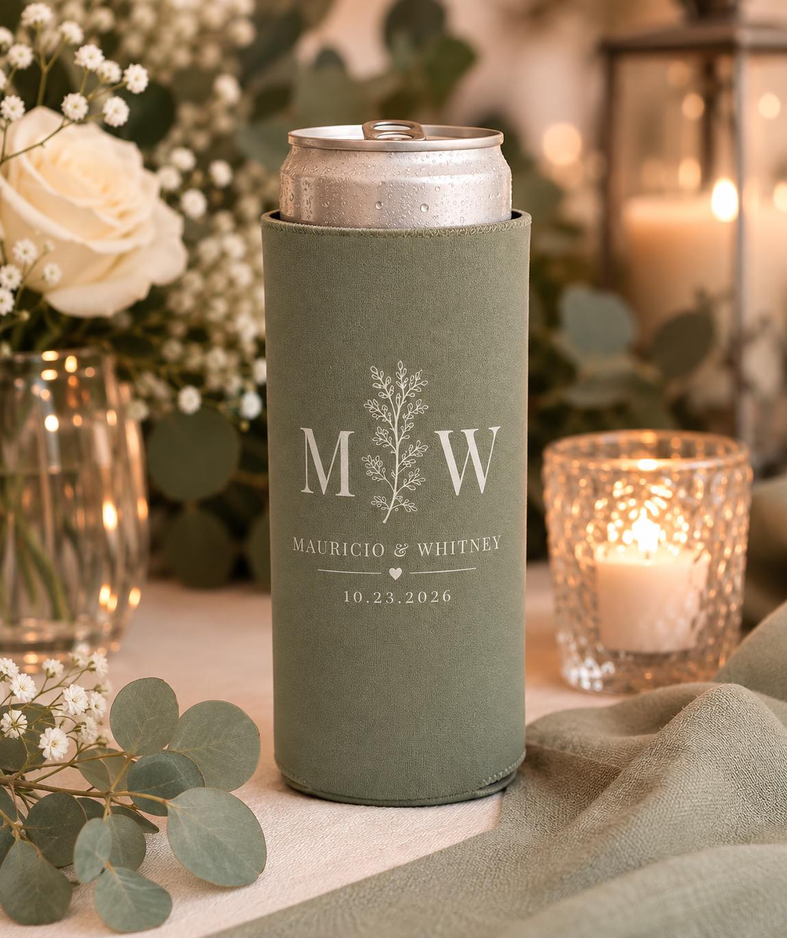 Personalized Wedding Koozie, Custom Can Cooler, Wedding Favor, Monogram Beer Sleeve, Double-Sided Available, Bridal Shower, Engagement Party