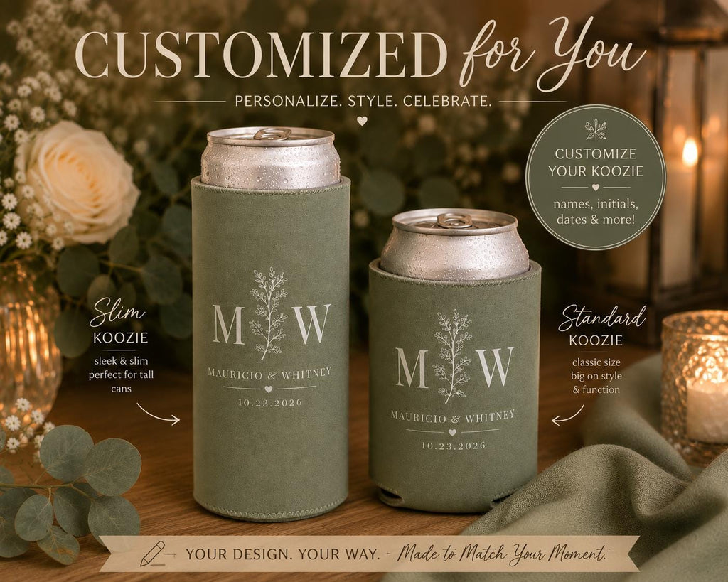 Personalized Wedding Koozie, Custom Can Cooler, Wedding Favor, Monogram Beer Sleeve, Double-Sided Available, Bridal Shower, Engagement Party