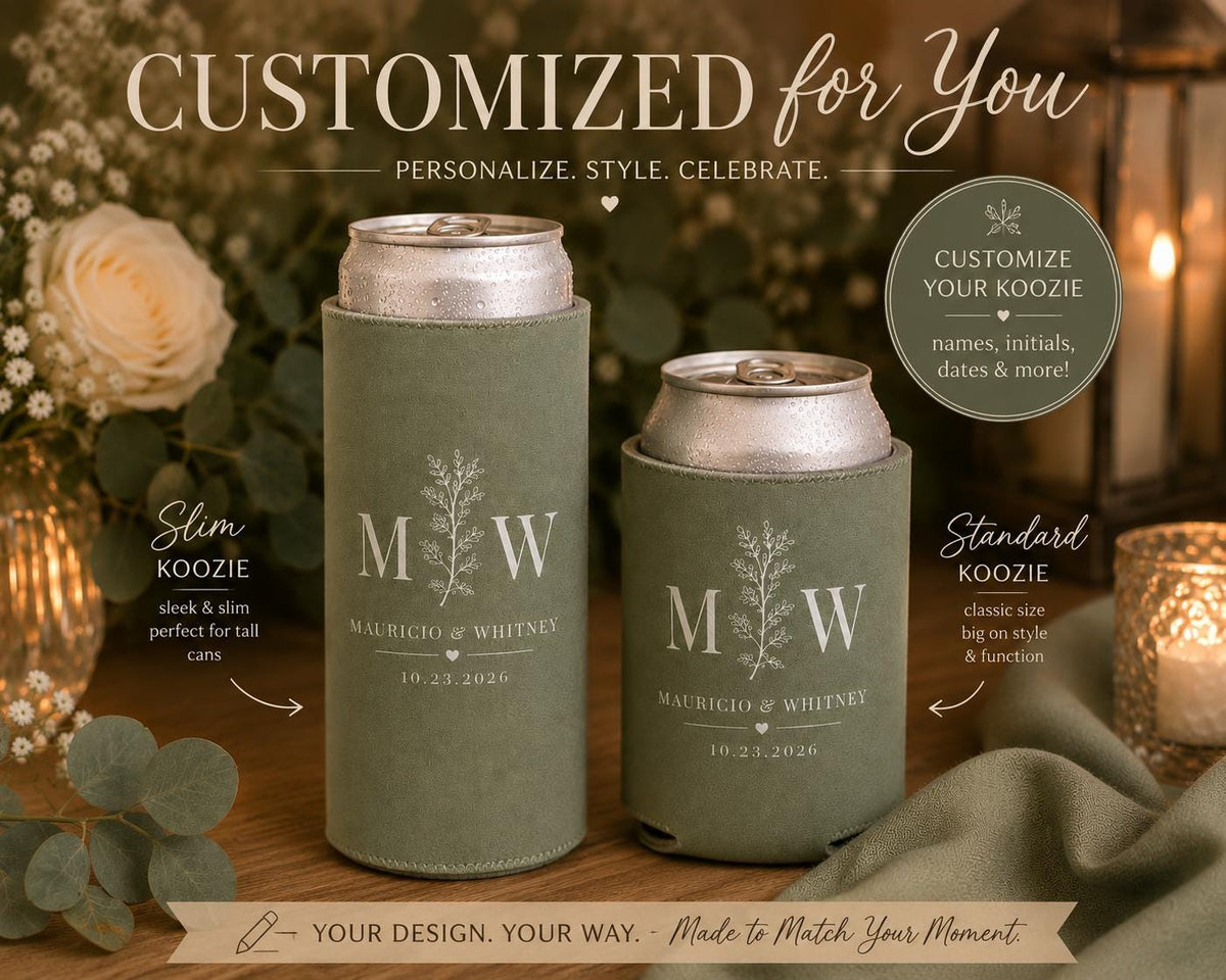 Personalized Wedding Koozie, Custom Can Cooler, Wedding Favor, Monogram Beer Sleeve, Double-Sided Available, Bridal Shower, Engagement Party