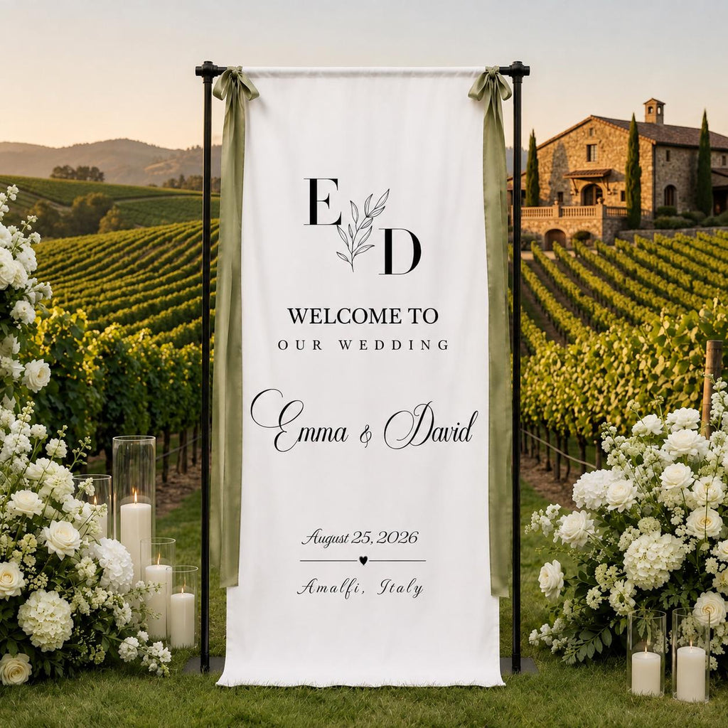 Fabric Wedding Welcome Sign, Personalized Linen Wedding Banner, Custom Name Date Ceremony Sign, Modern Boho Reception Backdrop
