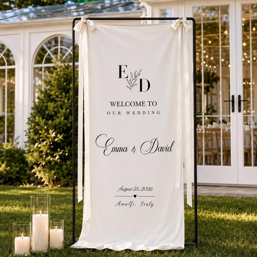 Fabric Wedding Welcome Sign, Personalized Linen Wedding Banner, Custom Name Date Ceremony Sign, Modern Boho Reception Backdrop