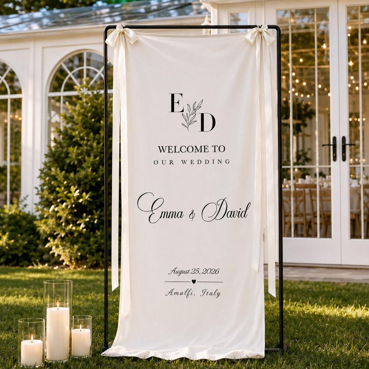 Fabric Wedding Welcome Sign, Personalized Linen Wedding Banner, Custom Name Date Ceremony Sign, Modern Boho Reception Backdrop